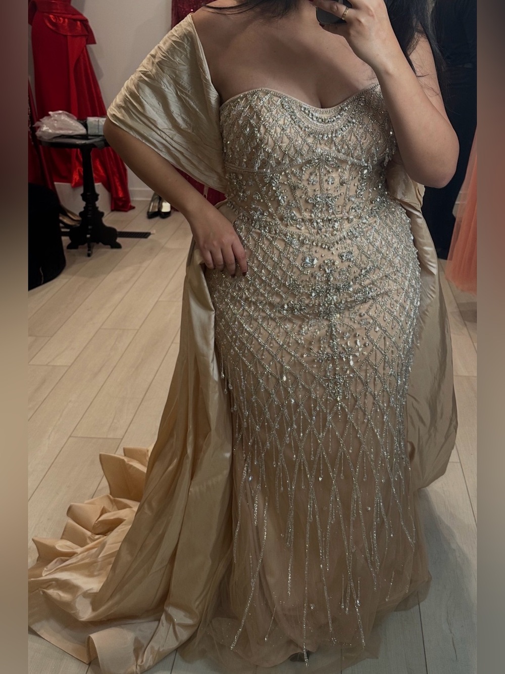Embellished Champagne Evening Gown with Draped Cape - Picture 4 of 6